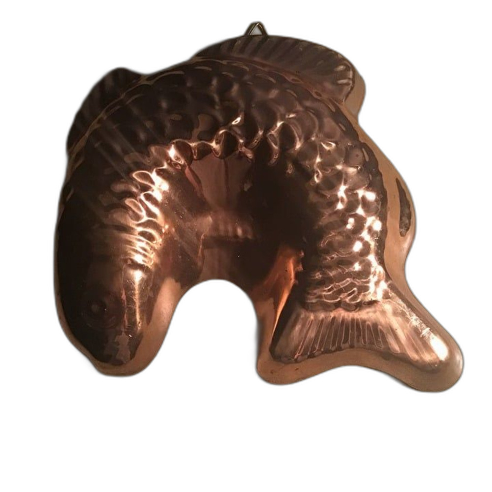 Vintage Old Dutch Solid Copper Curved Fish Mold - Hanging Kitchen Wall Decor